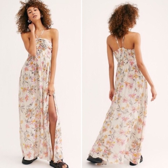 Free People NEW Maxi Dress Pebble Cream Large Floral Keyhole Halter *Flawed” - Picture 1 of 14